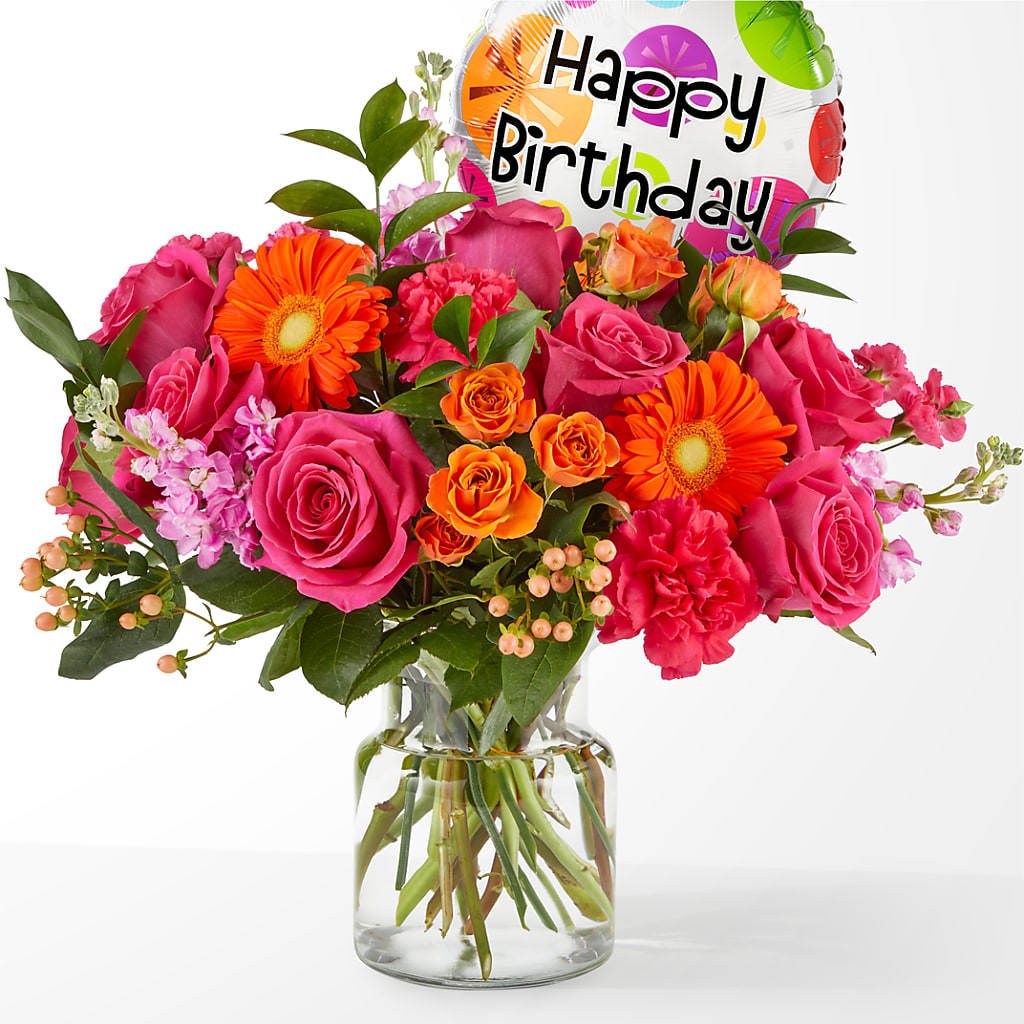 Fiesta Bouquet with Birthday Balloon – MIDTOWN FLORIST, Kenosha WI