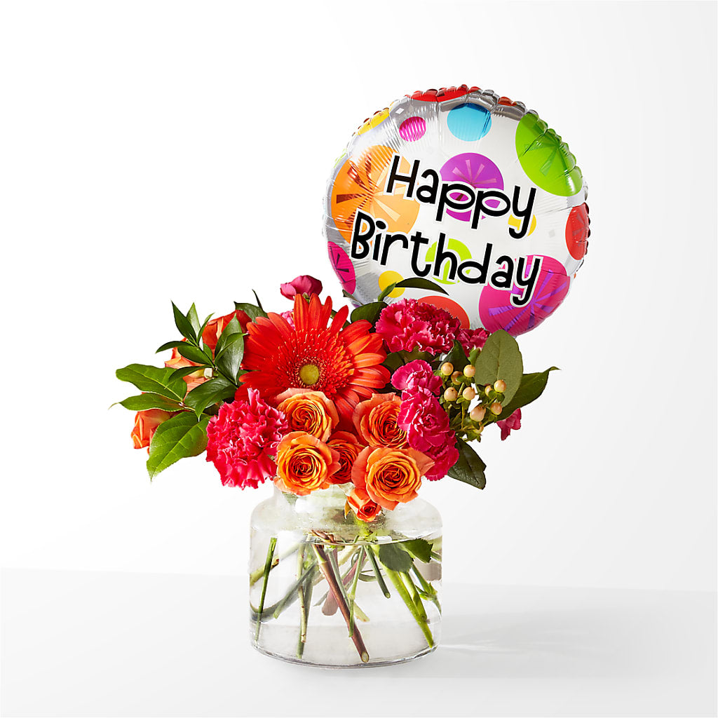 Fiesta Bouquet with Birthday Balloon – MIDTOWN FLORIST, Kenosha WI