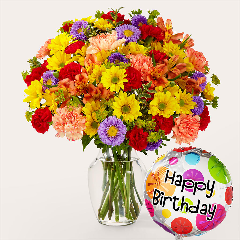 Kaleidoscope Bouquet with Birthday Balloon – MIDTOWN FLORIST, Kenosha WI