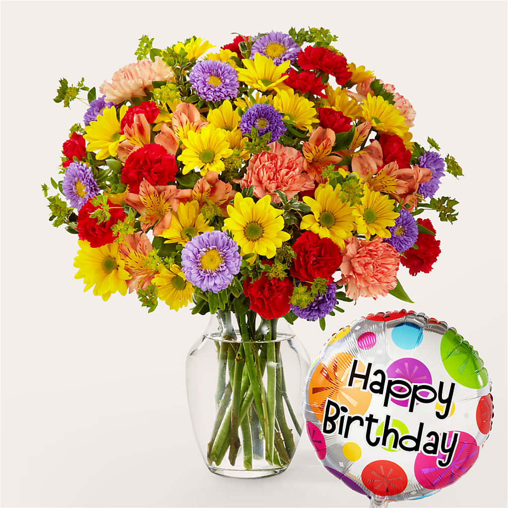 Kaleidoscope Bouquet with Birthday Balloon – MIDTOWN FLORIST, Kenosha WI