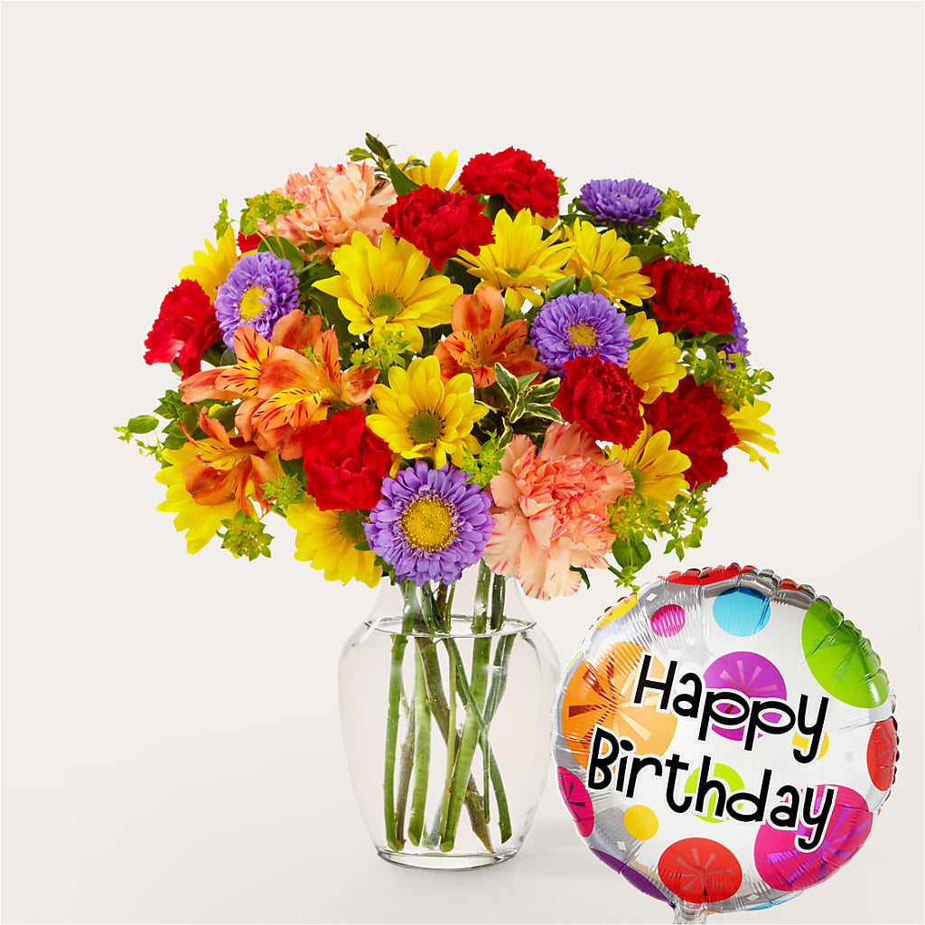 Kaleidoscope Bouquet with Birthday Balloon – MIDTOWN FLORIST, Kenosha WI