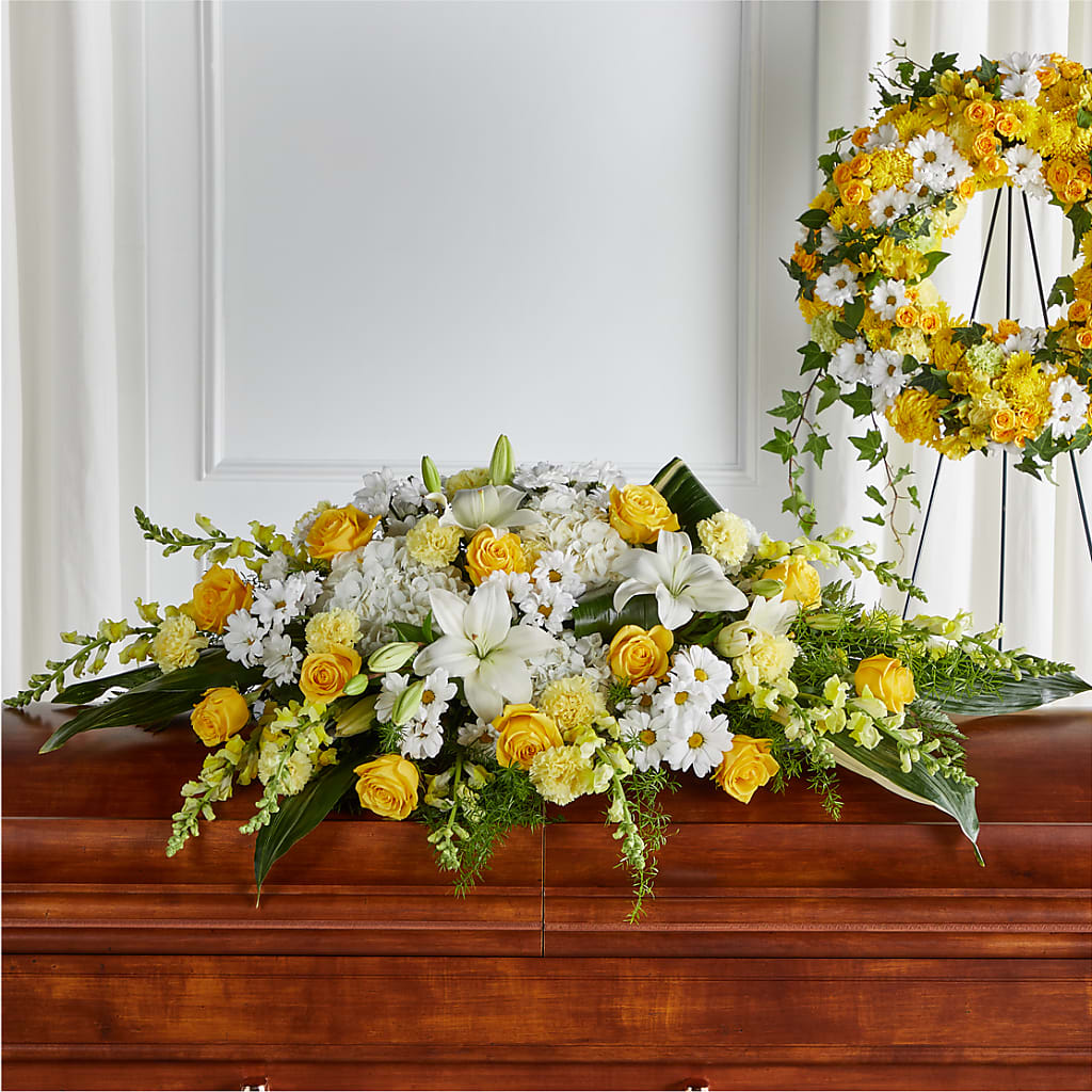 Golden Harmony Casket Spray – MIDTOWN FLORIST, Kenosha WI