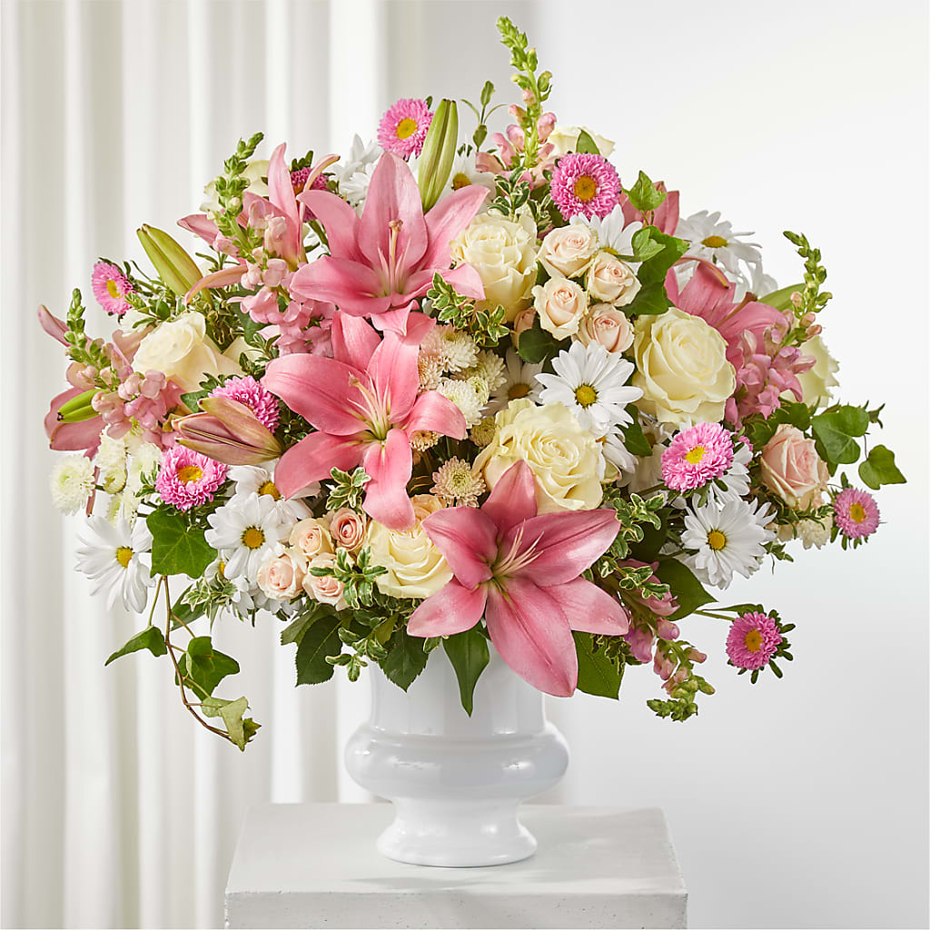 Empathetic Blooms Urn Arrangement – Midtown Florist, Kenosha WI