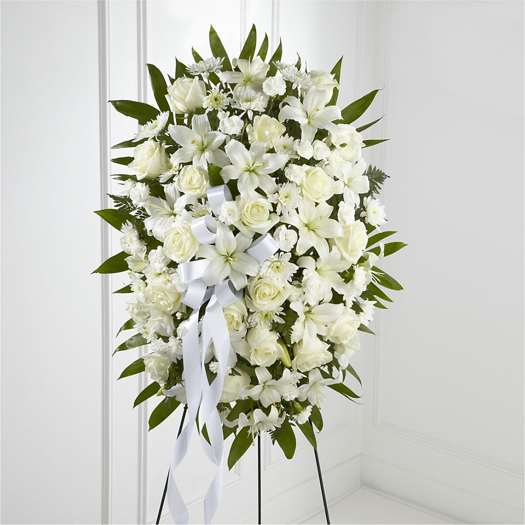 Exquisite Tribute Standing Spray-White Ribbon – Midtown Florist, Kenosha WI