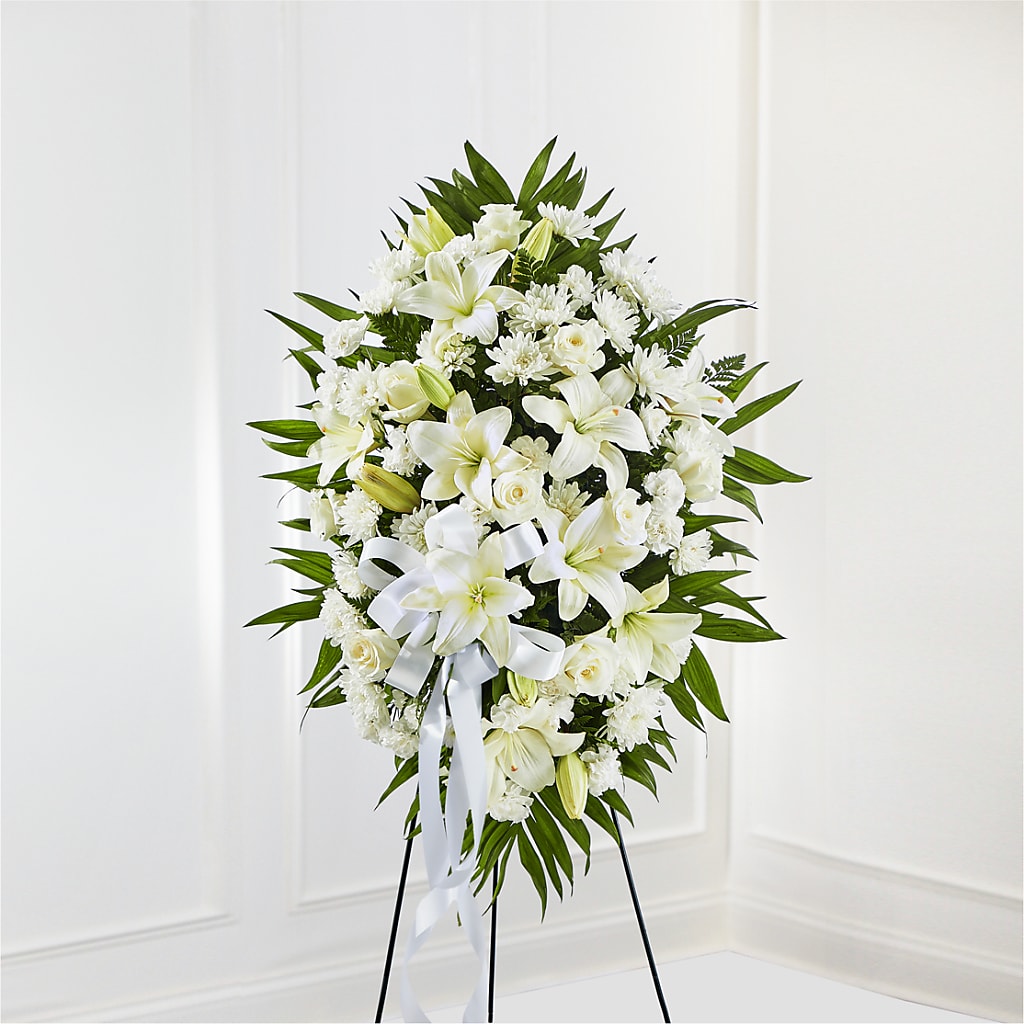Exquisite Tribute Standing Spray-White Ribbon – MIDTOWN FLORIST, Kenosha WI